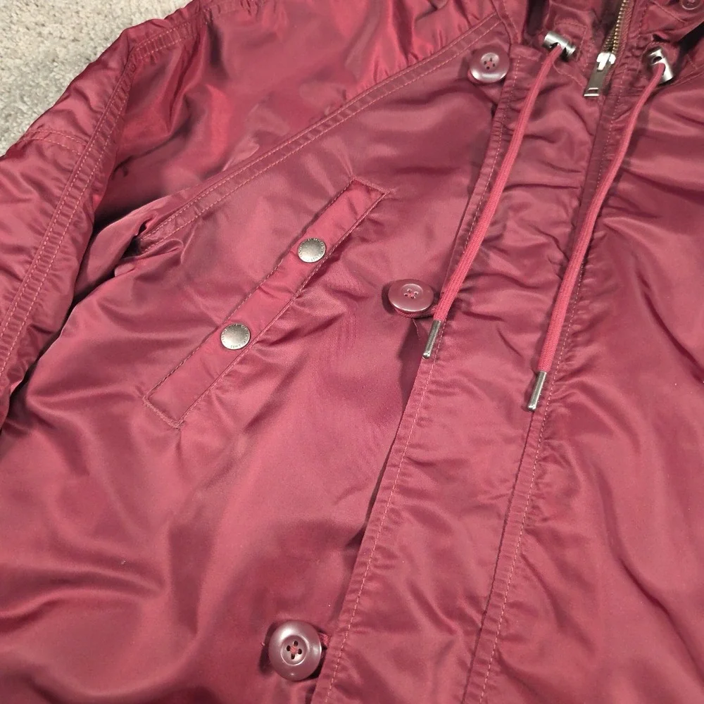 American Eagle Parka Coat Womens S Burgundy Long Faux Sherpa Fur Hood Utility